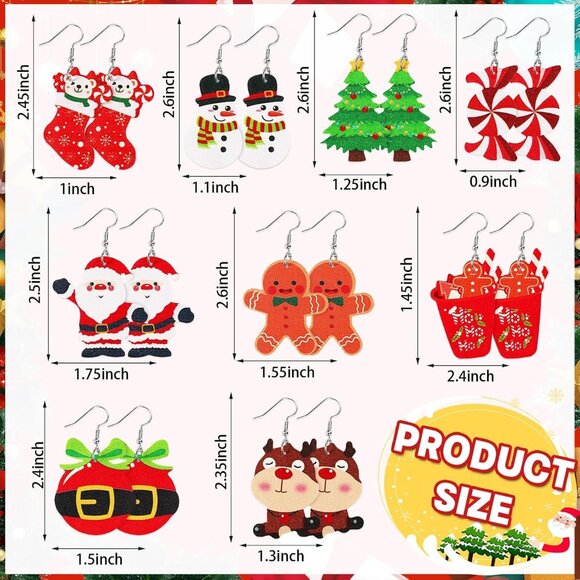 9 Pairs Christmas Faux Leather Earrings for Women Xmas Santa Claus Christmas Tre - Picture 3 of 7